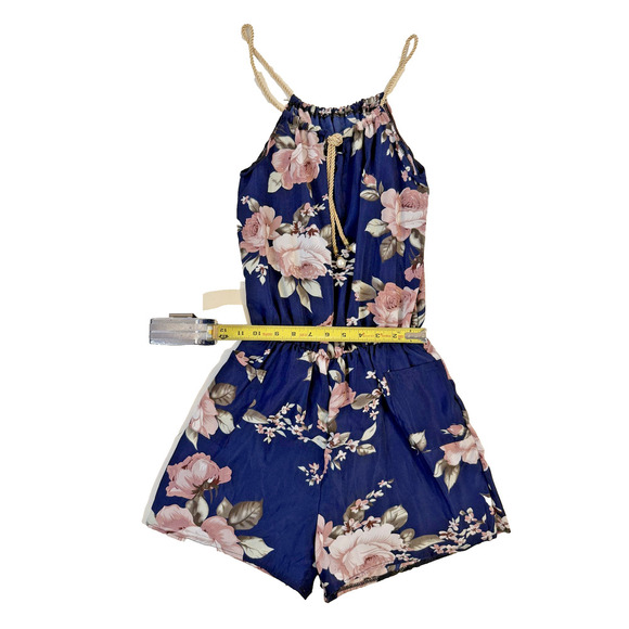 Floral Romper Womens Small Navy Blue Pink Rose Drawstring Waist Pockets Summer - Picture 2 of 3